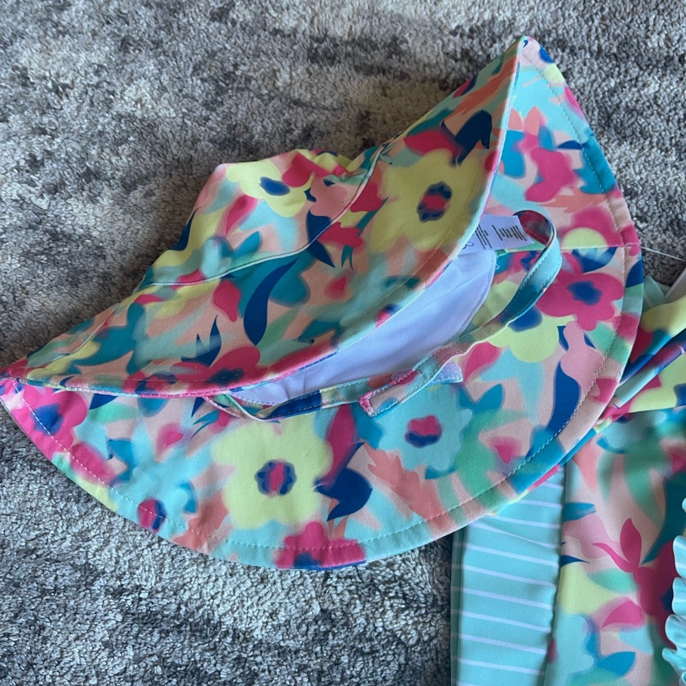 NWT Jessica Simpson Baby Girls Floral Rash Guard Swimsuit & Sun Hat Set 18M - Picture 2 of 4